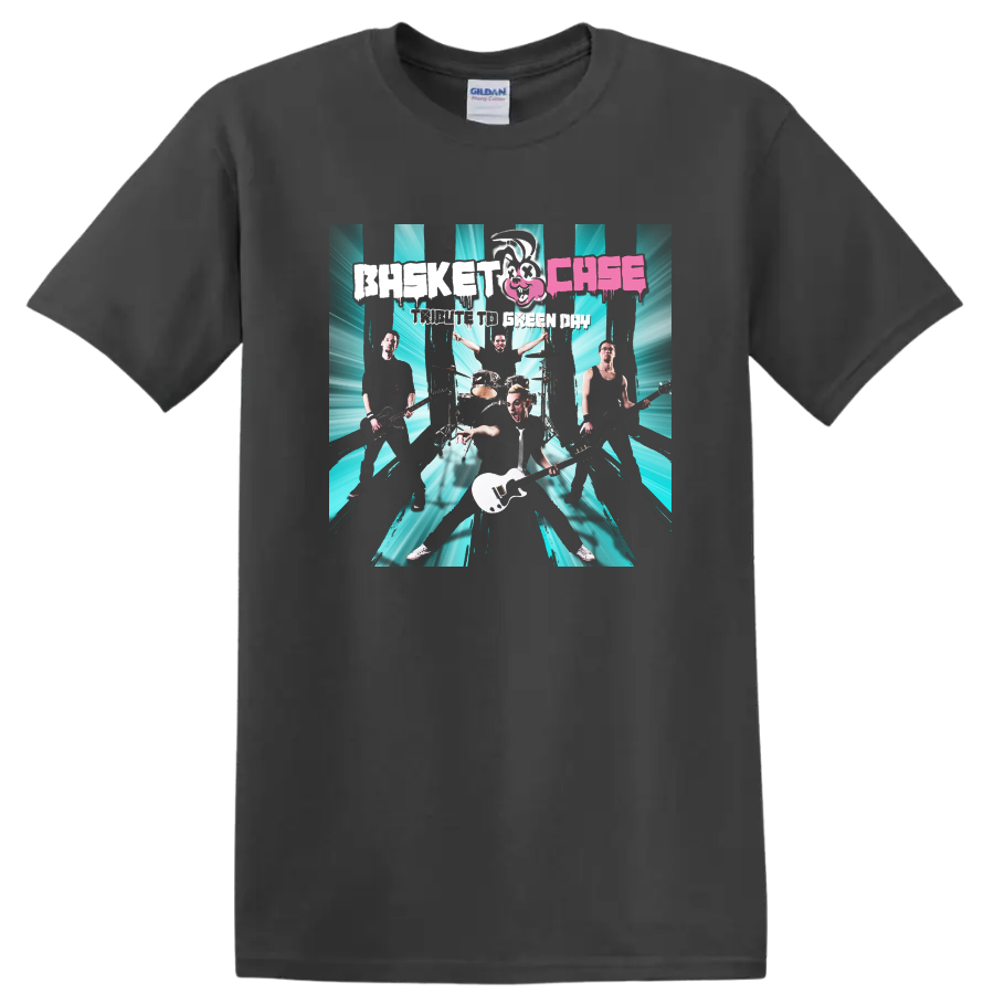 Green Day band graphic print with teal burst background and distressed lettering on T - Charcoal