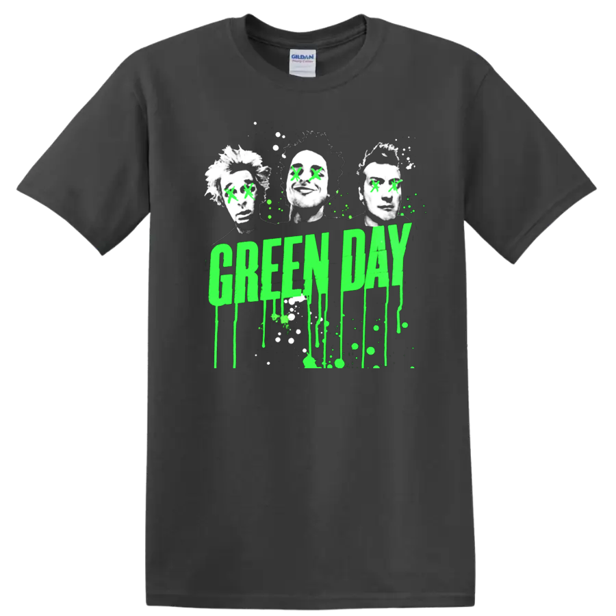 Green Day neon green dripping text with punk-style portraits graphic print T - Charcoal
