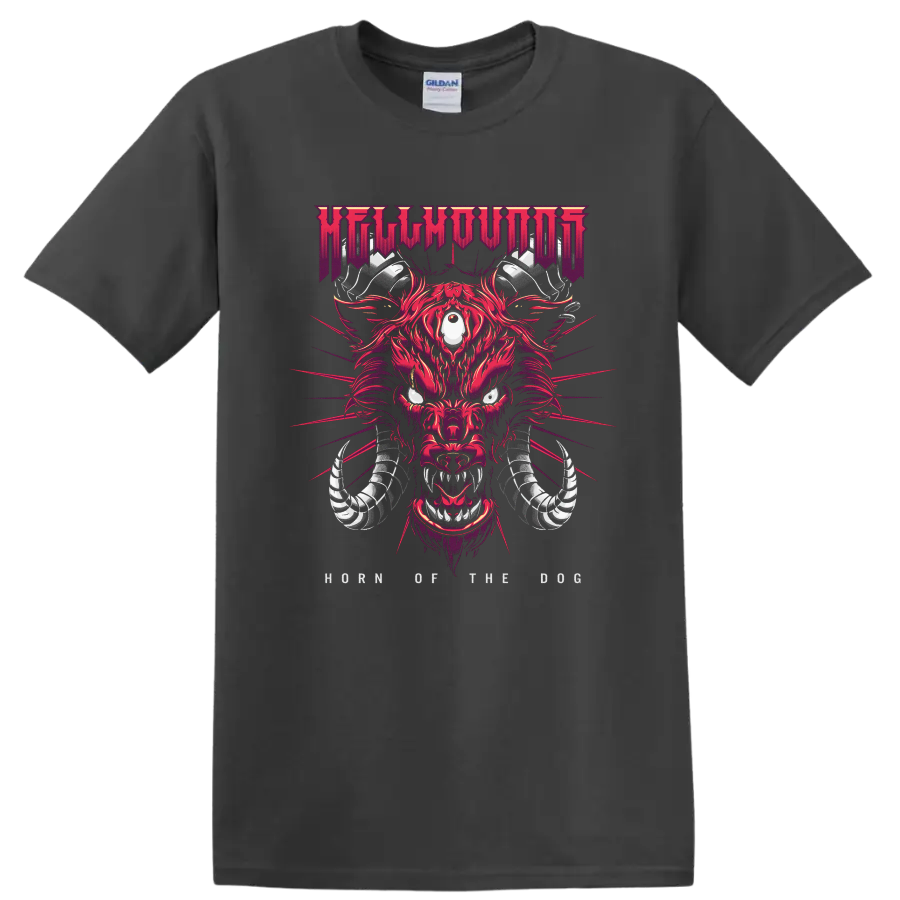 HELLHOUND hellhound beast graphic T shirt with fiery red and purple metal - Charcoal