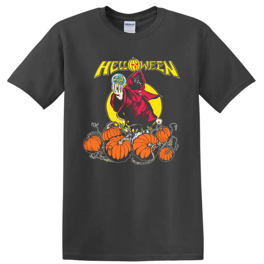 Helloween Halloween metal graphic with hooded reaper and pumpkins T - Charcoal