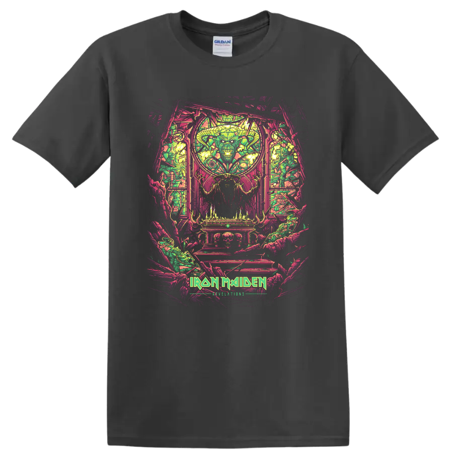 Iron Maiden heavy metal artwork with horned demon figure and vivid stained-glass style graphic print T - Charcoal