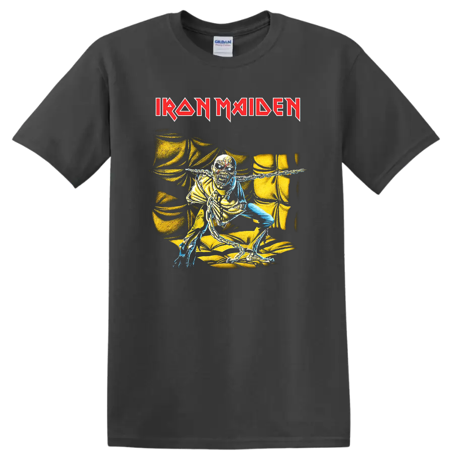 IRON MAIDEN logo with chained skull figure graphic on black - Charcoal