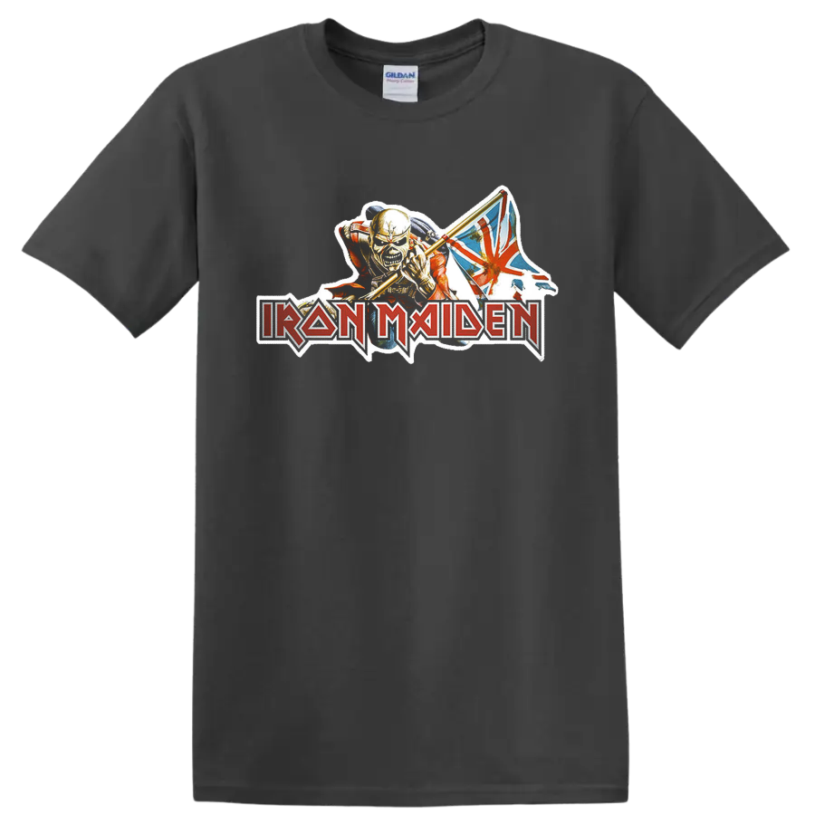 Iron Maiden rock metal logo with fierce mascot and Union Jack graphic on T - Charcoal