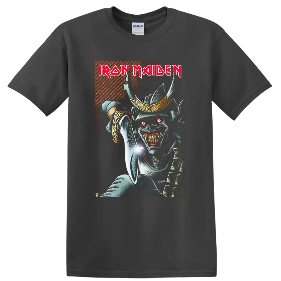 Iron Maiden text with fierce skull warrior metal graphic on a T - Charcoal