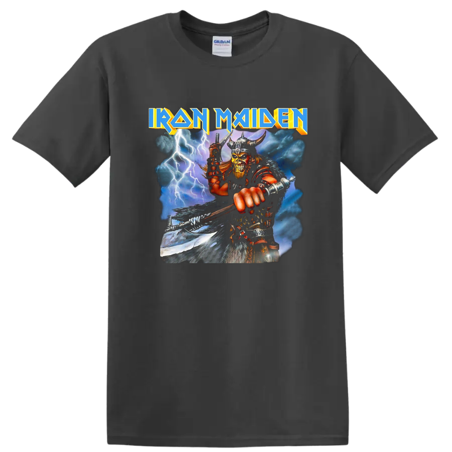Iron Maiden text with horned warrior and lightning heavy metal graphic print - Charcoal