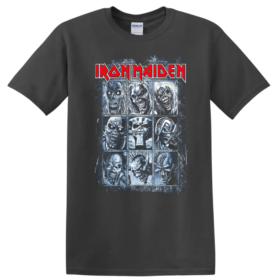 IRON MAIDEN logo with a collage of fierce undead character portraits graphic print - Charcoal