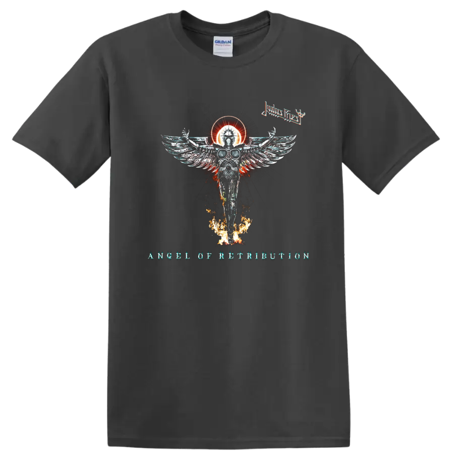 Judas Priest Angel of Retribution artwork with winged figure, fire, and band - Charcoal