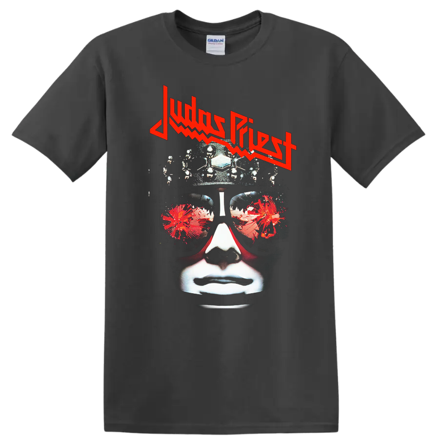 Judas Priest inspired heavy metal face graphic print T - Charcoal