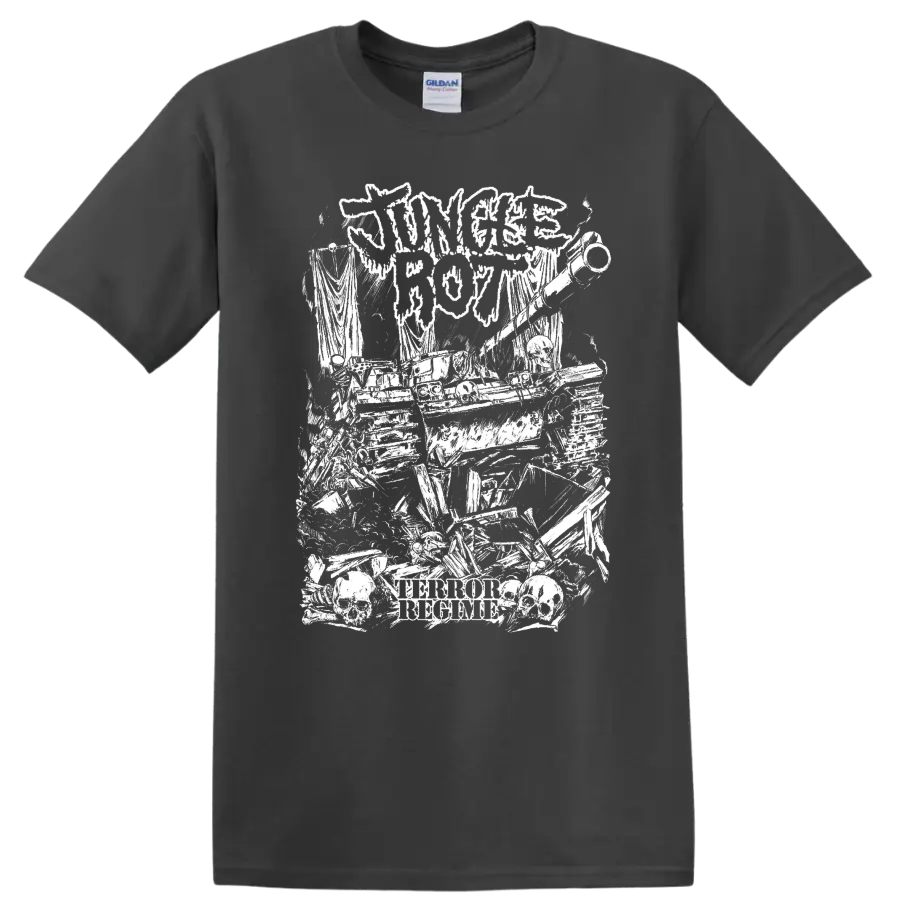 Jungle Rot horror metal graphic with skulls and distressed text on a T - Charcoal
