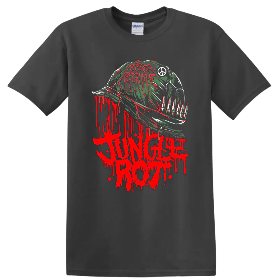 Jungle Rot Terror Regime horror metal graphic print with dripping helmet artwork T - Charcoal