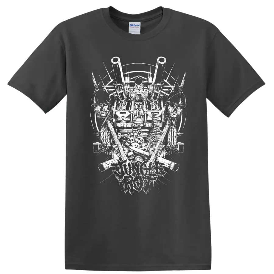 Jungle Rot death metal graphic print with skulls, soldiers, and - Charcoal