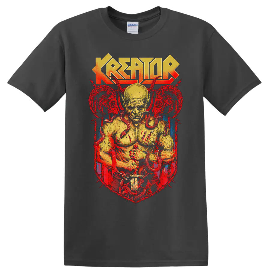 Kreator thrash metal demon graphic print T-shirt with horned figure and - Charcoal