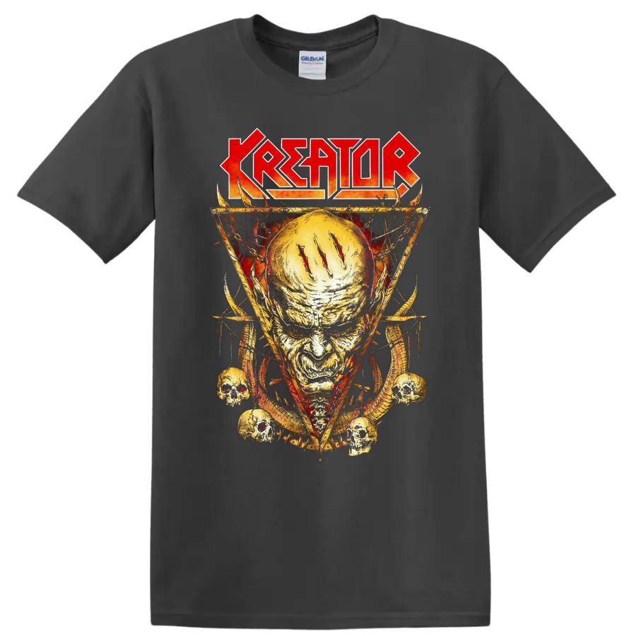 KREATOR rock metal skull graphic print T shirt with fiery aggressive band - Charcoal
