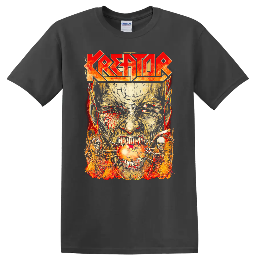KREATOR logo with fiery skull face and chains graphic print - Charcoal