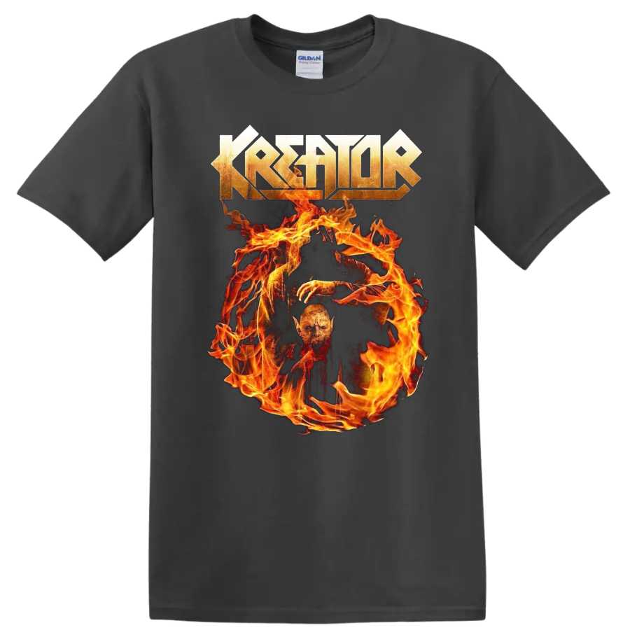Kreator logo above a flaming skull graphic on a black T - Charcoal
