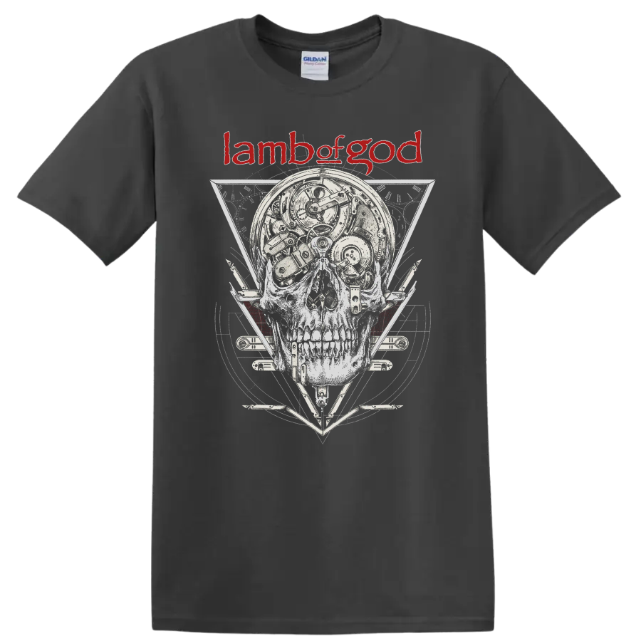 Lamb of God skull graphic with mechanical details and red logo on - Charcoal