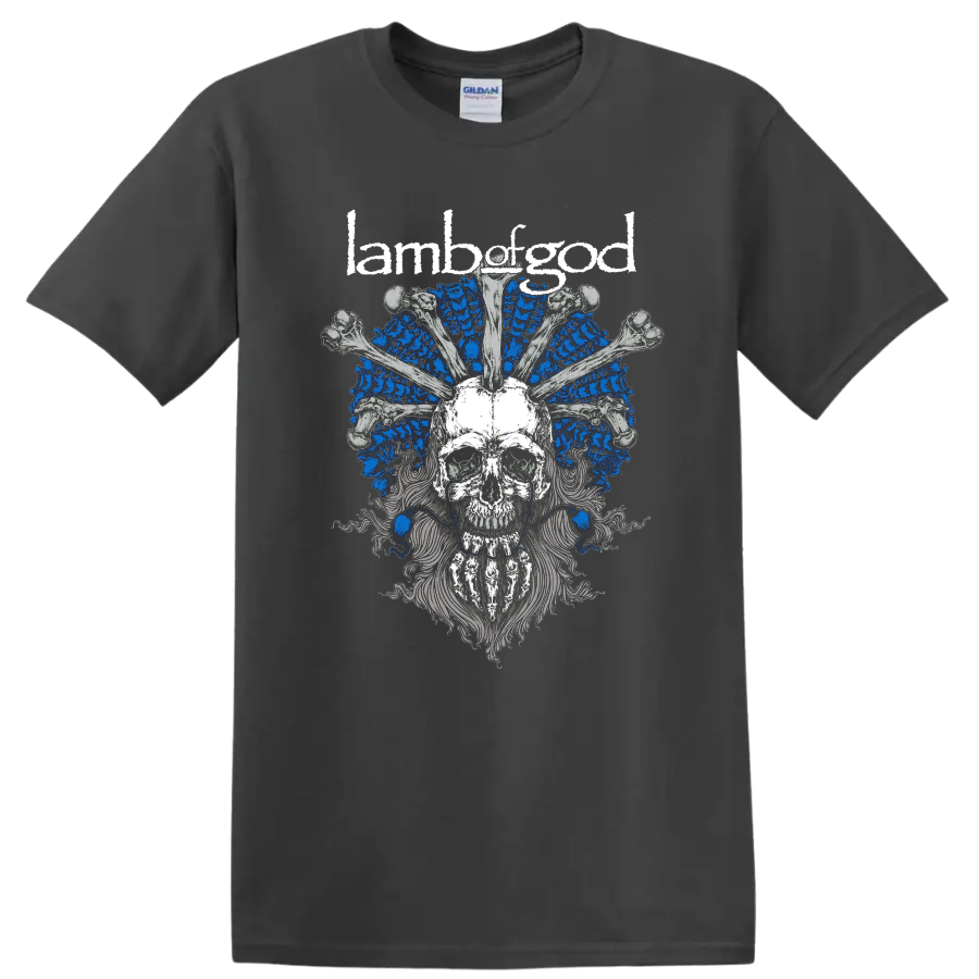 Lamb of God skull and bones graphic print T shirt with blue and gray metal - Charcoal