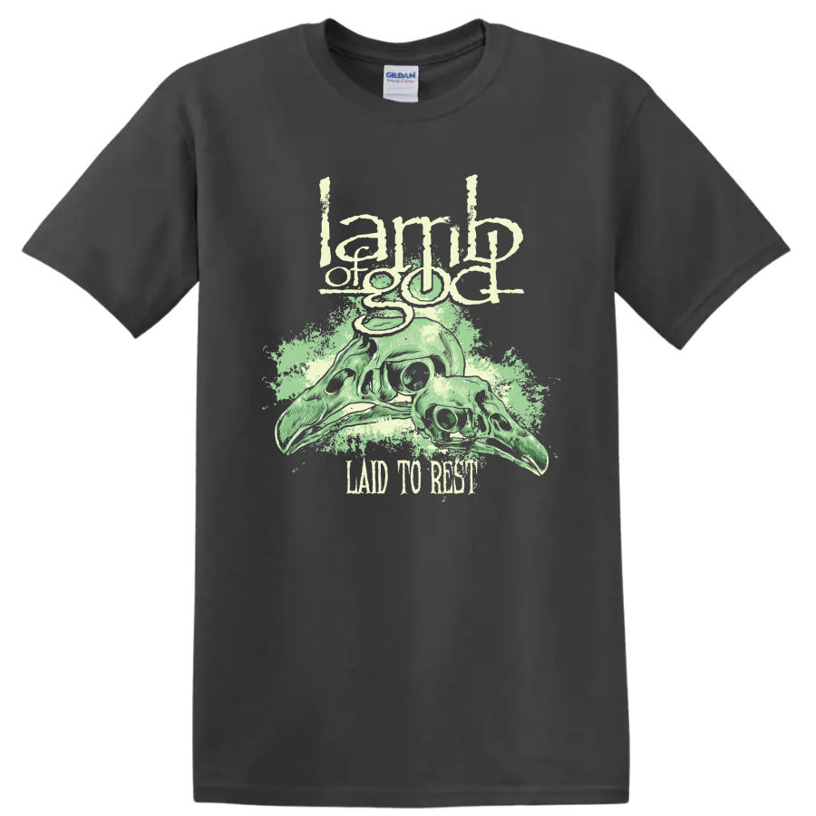 Lamb of God skull graphic with distressed rock metal text on a - Charcoal