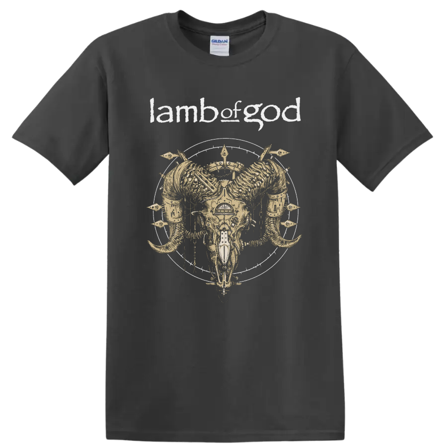 Lamb of God text with horned skull heavy metal graphic print on T - Charcoal