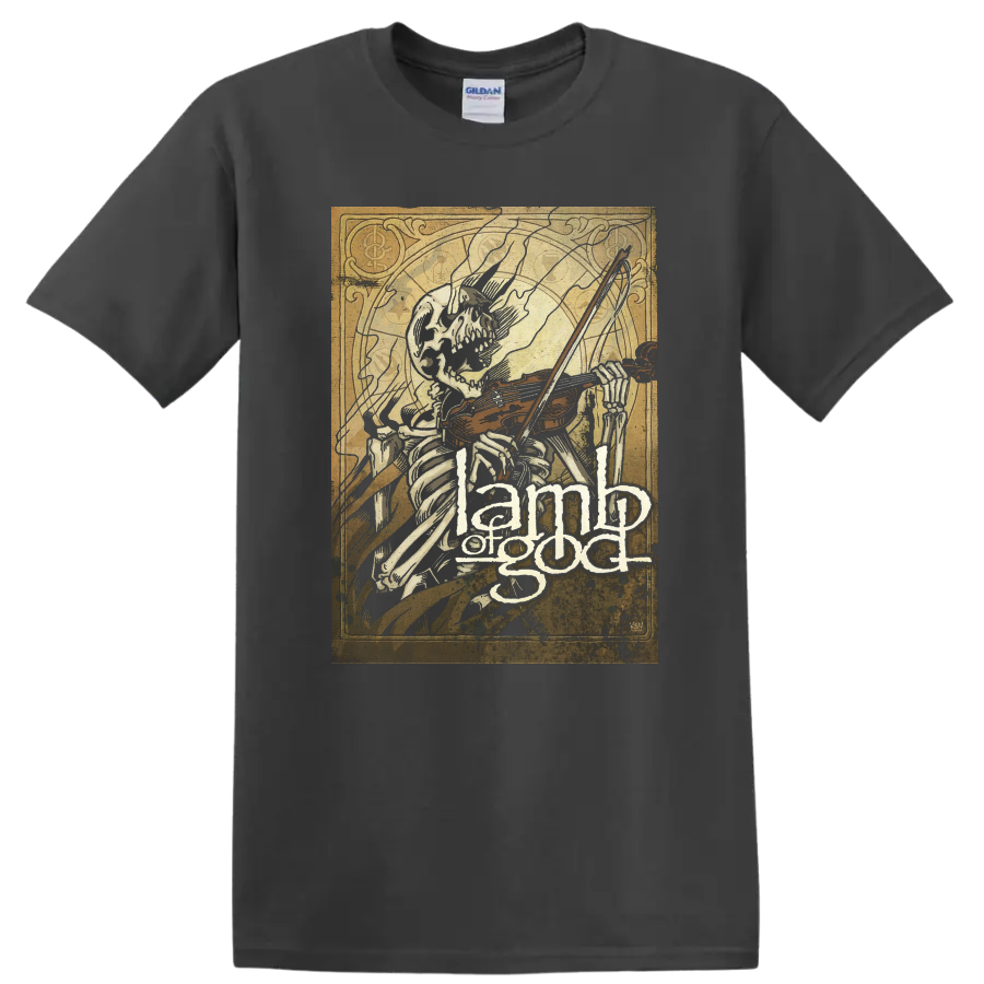 Skeleton playing violin with Lamb of God text in distressed dark metal graphic - Charcoal