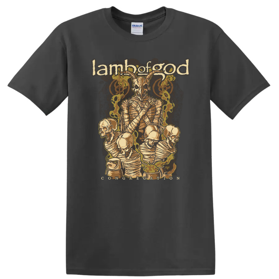 Lamb of God graphic print with horned demon, skulls, and distressed metal artwork on T - Charcoal