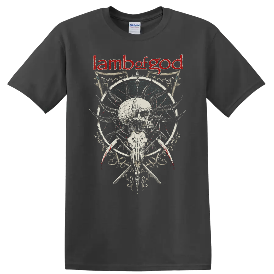 Lamb of God skull and ornate gothic metal graphic print T - Charcoal