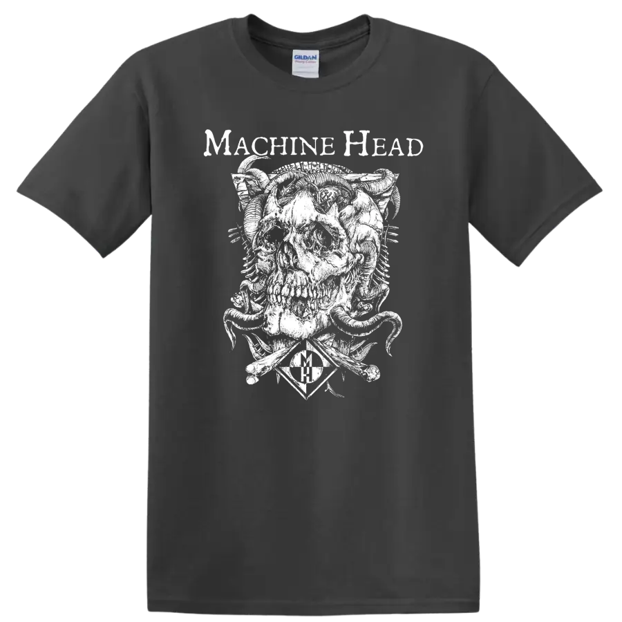 Machine Head skull graphic with mechanical details and band name text on a black - Charcoal