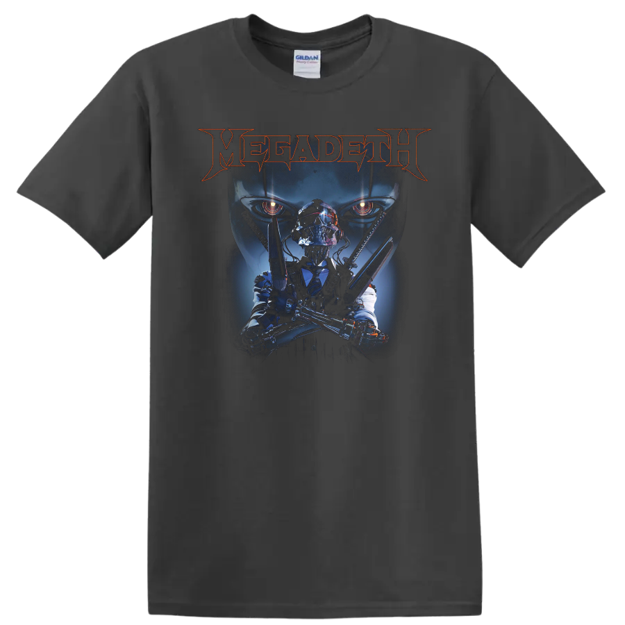 Megadeth graphic print T shirt with skull cyborg figure and glowing - Charcoal