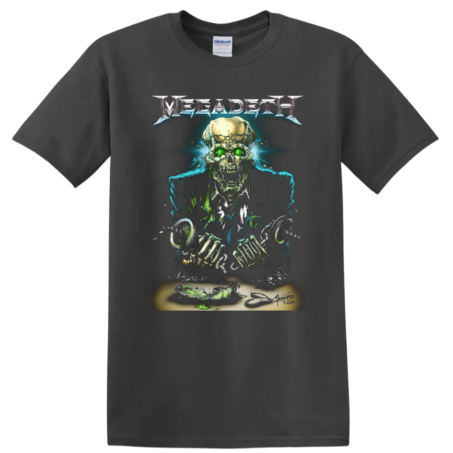 Megadeth skull with glowing green eyes and electric metal artwork on a T - Charcoal