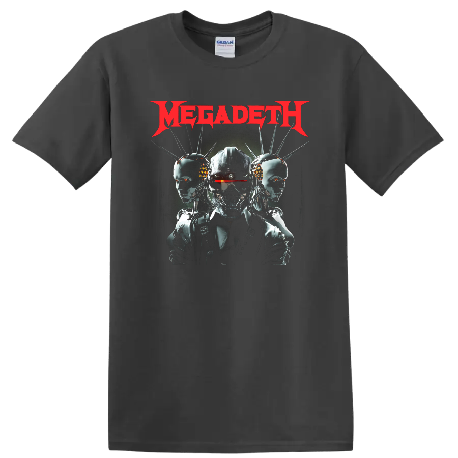 Megadeth red logo with cyber skull and robotic heads graphic on black T - Charcoal
