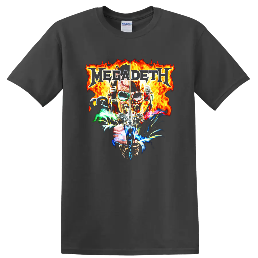Megadeth flaming skull metal graphic T shirt with fiery flames and bold rock - Charcoal
