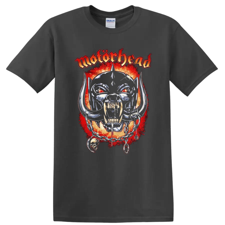 Motorhead skull graphic print T shirt with fiery red background and chain - Charcoal