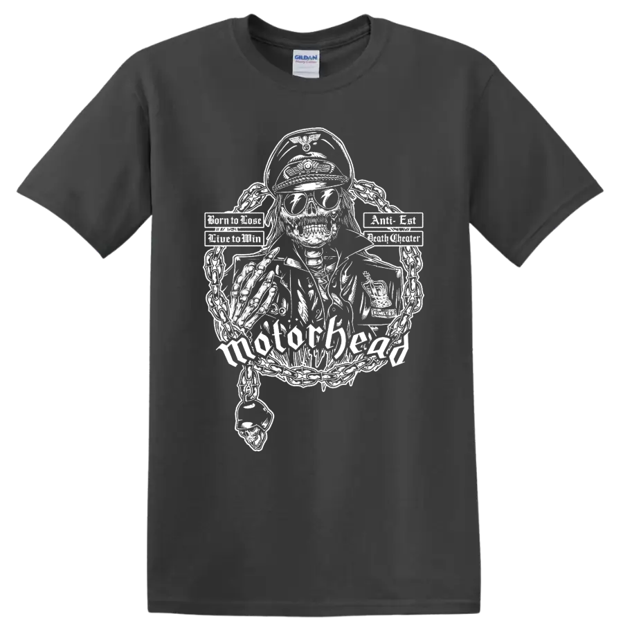 Motorhead skull graphic print T shirt with chains and rock metal - Charcoal