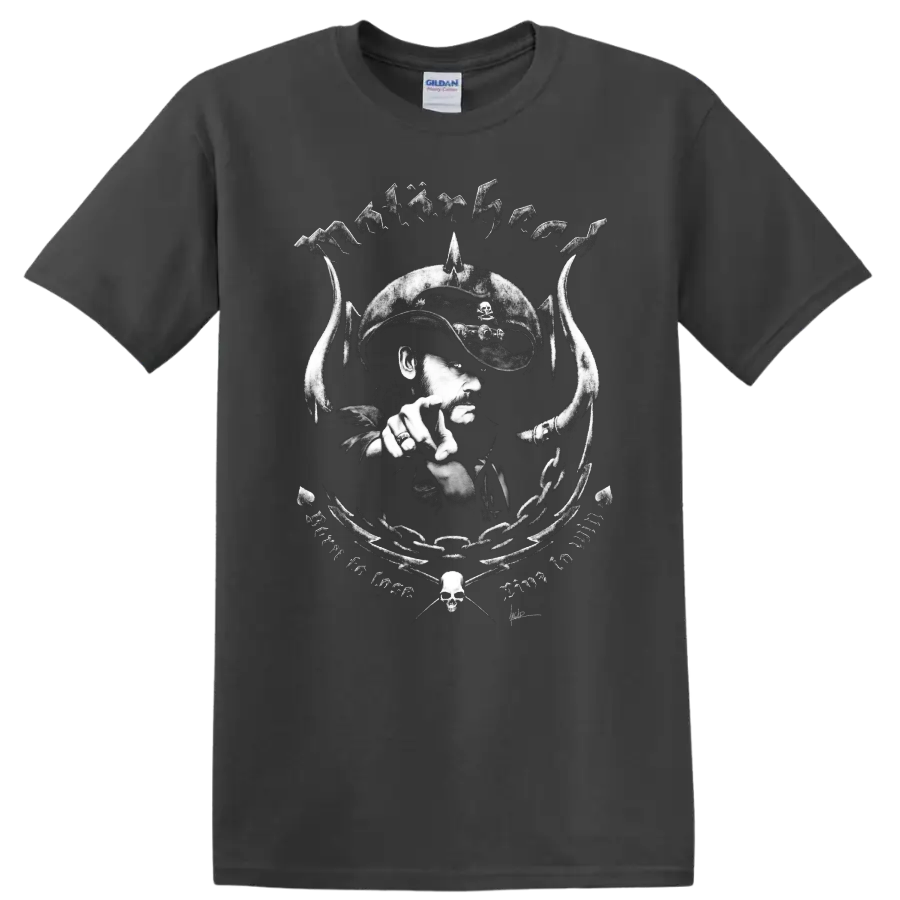 Black-and-white MOTORHEAD rock metal skull graphic T shirt with cowboy portrait and - Charcoal