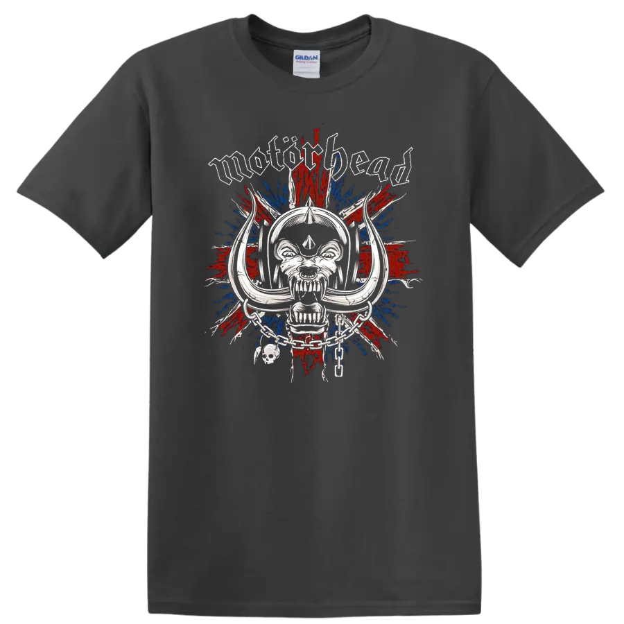 Motorhead skull graphic with gothic lettering and red blue burst on black T - Charcoal