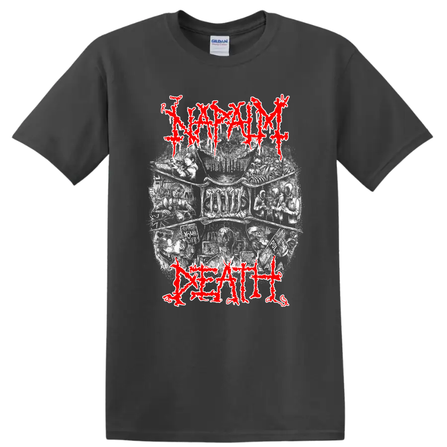 Napalm Death distressed red logo over gritty monochrome metal artwork on T - Charcoal