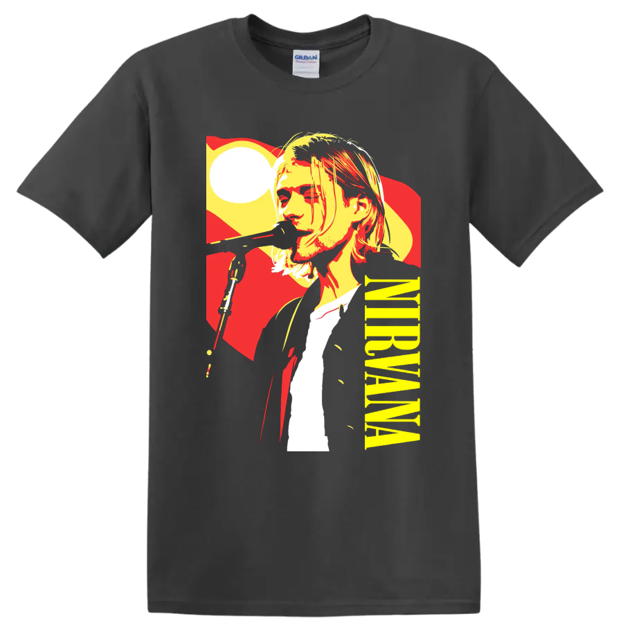 Nirvana-inspired rock portrait graphic print T shirt in red, yellow, black, and - Charcoal
