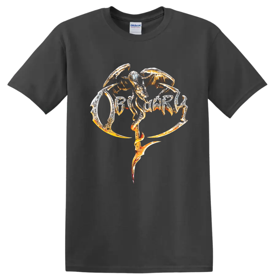 OBITUARY snake logo in fiery death metal graphic print on a - Charcoal
