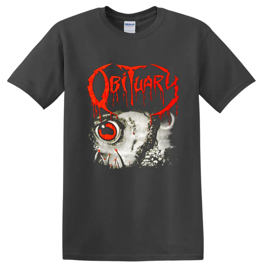 Obituary red dripping logo over skull artwork on black - Charcoal