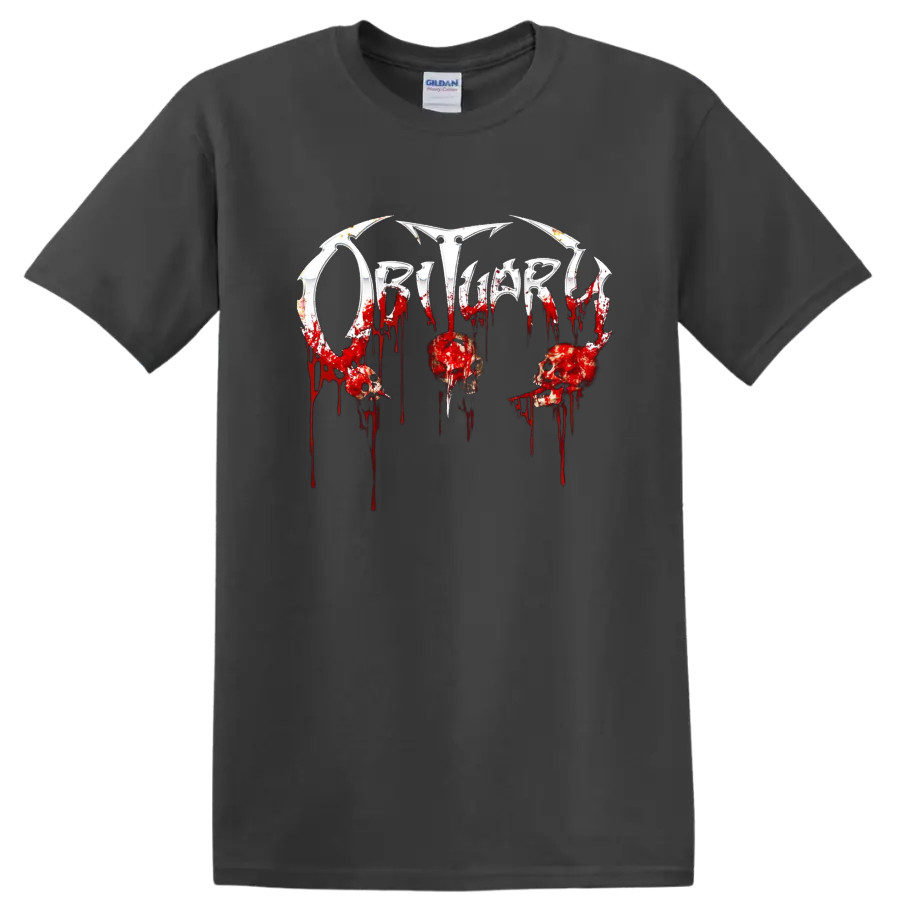 Obituary death metal logo with blood drips and skulls graphic print T - Charcoal