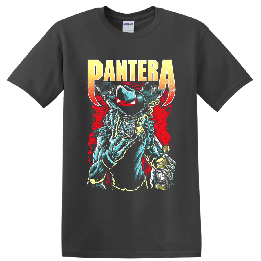 PANTERA graphic T shirt with cowboy skull, distressed lettering, and vintage rock metal - Charcoal