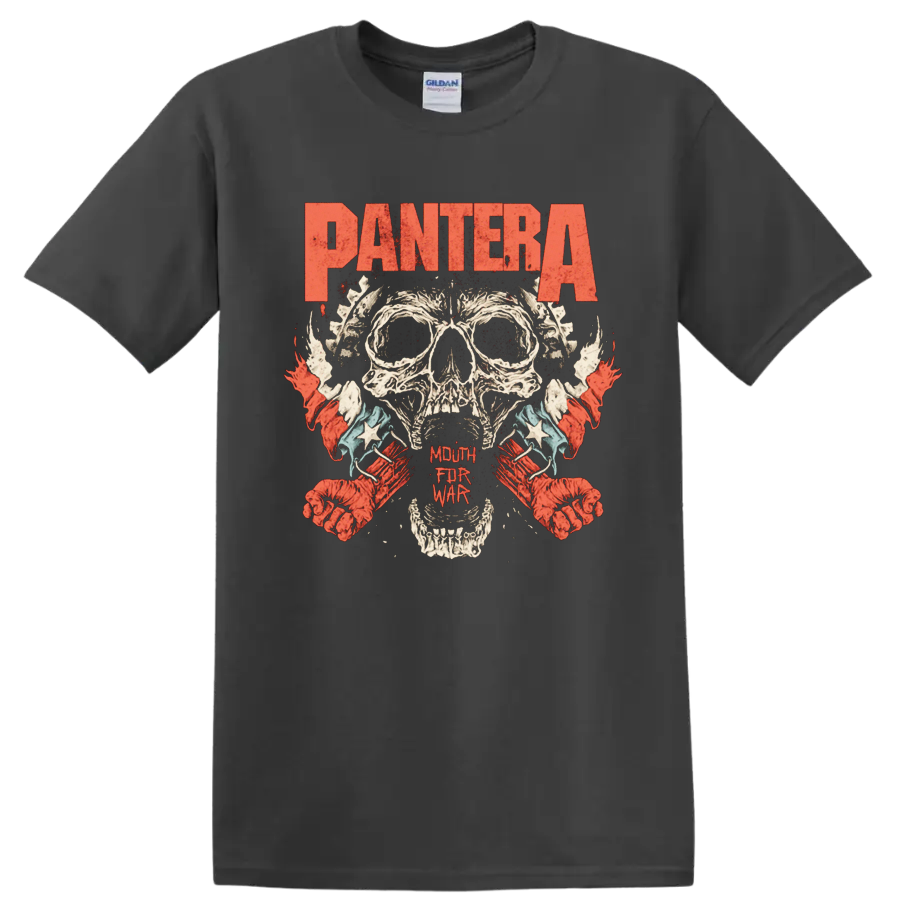 Pantera skull graphic print with distressed red heavy metal lettering T - Charcoal