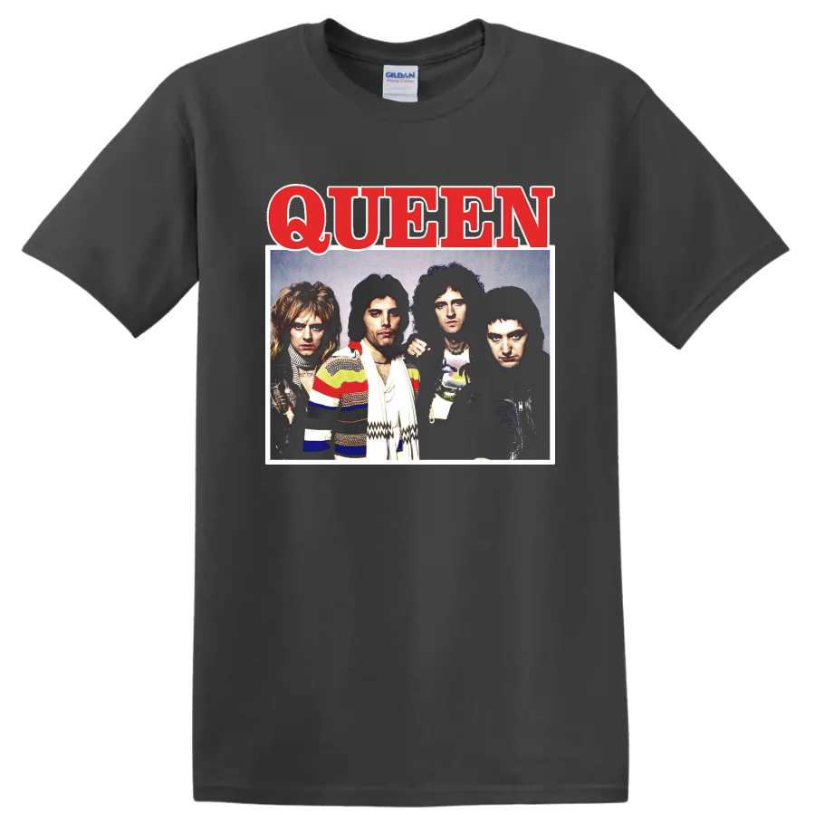 Queen band portrait graphic print T shirt with bold red - Charcoal
