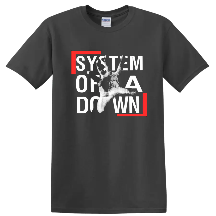 System of a Down graphic print with distressed text and hand on black T - Charcoal