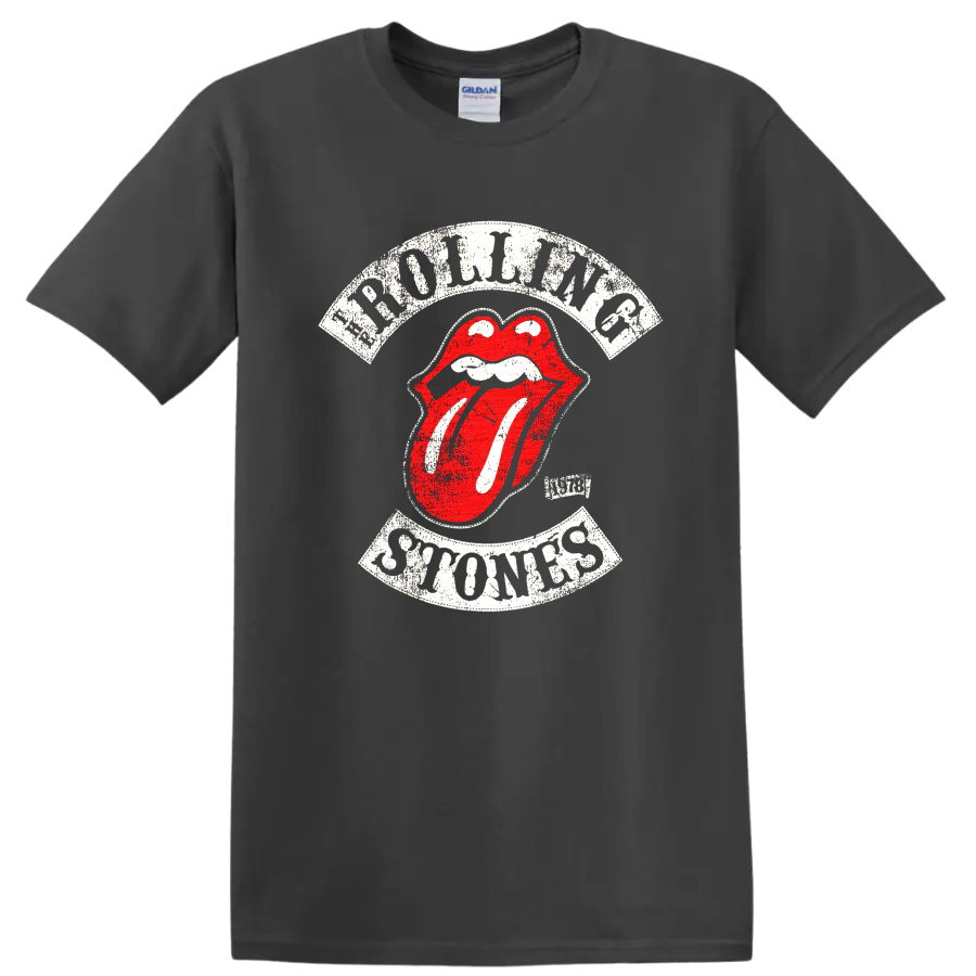 Distressed Rolling Stones tongue logo graphic print T shirt on a Charcoal T Shirt