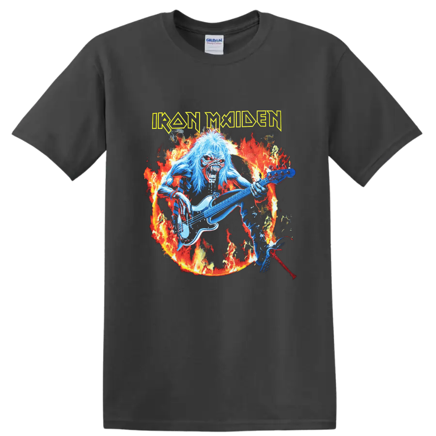 Iron Maiden Eddie guitarist in flames with distressed band logo artwork on a Charcoal T Shirt