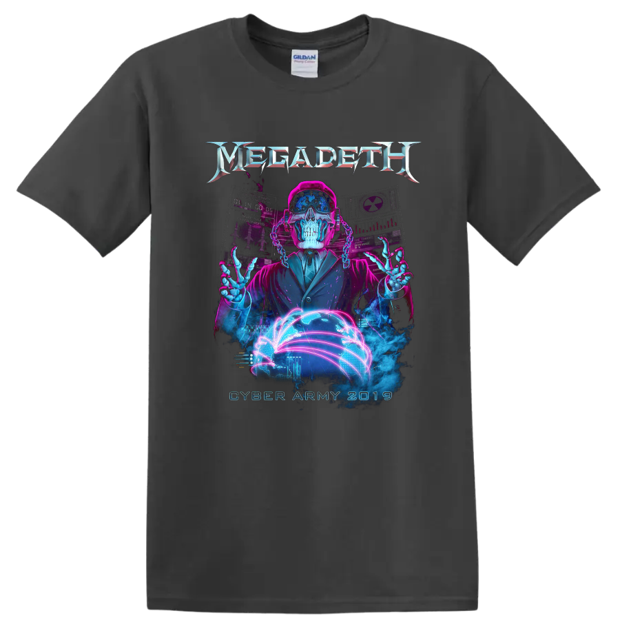 Vic Rattlehead Cyber Army neon cyberpunk skull with digital globe and Megadeth logo on a Charcoal T Shirt
