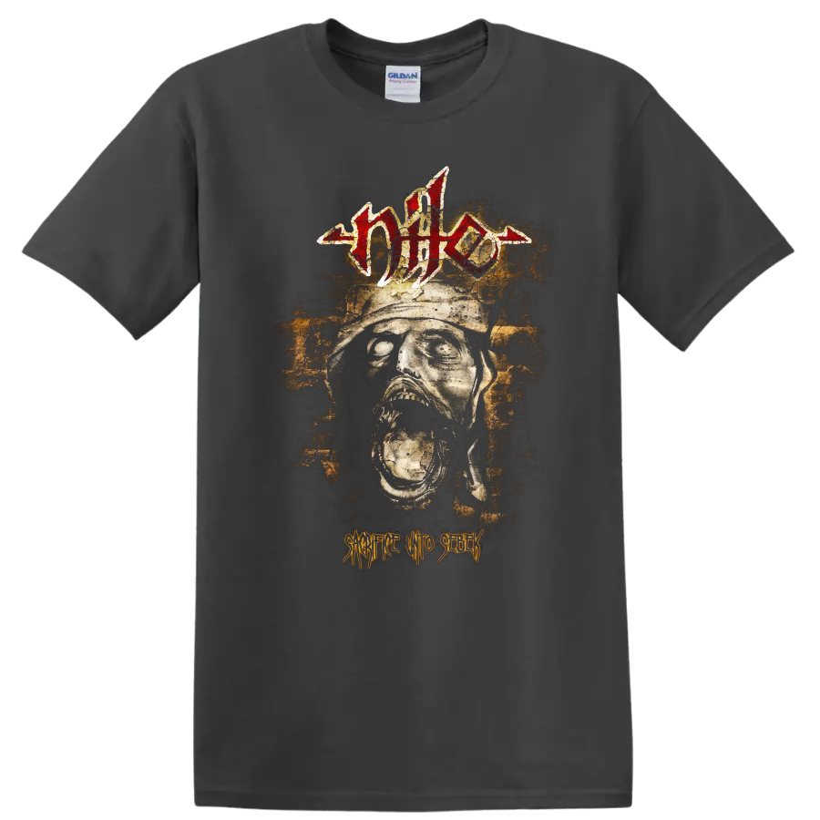 Nile logo above distressed skull artwork with Sacrifice Unto Sebek text on a Charcoal T Shirt