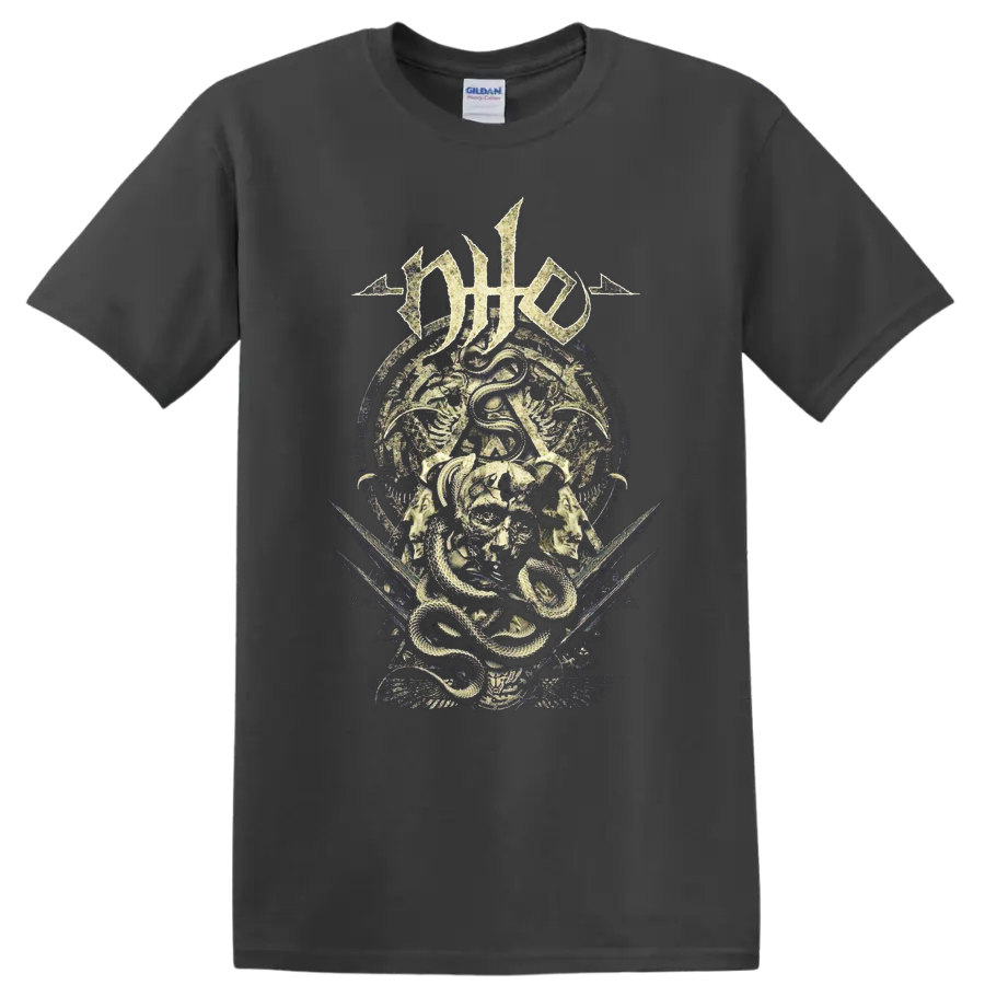 Nile death metal logo above a coiled snake, skull, and ancient Egyptian-style artwork on a Charcoal T Shirt