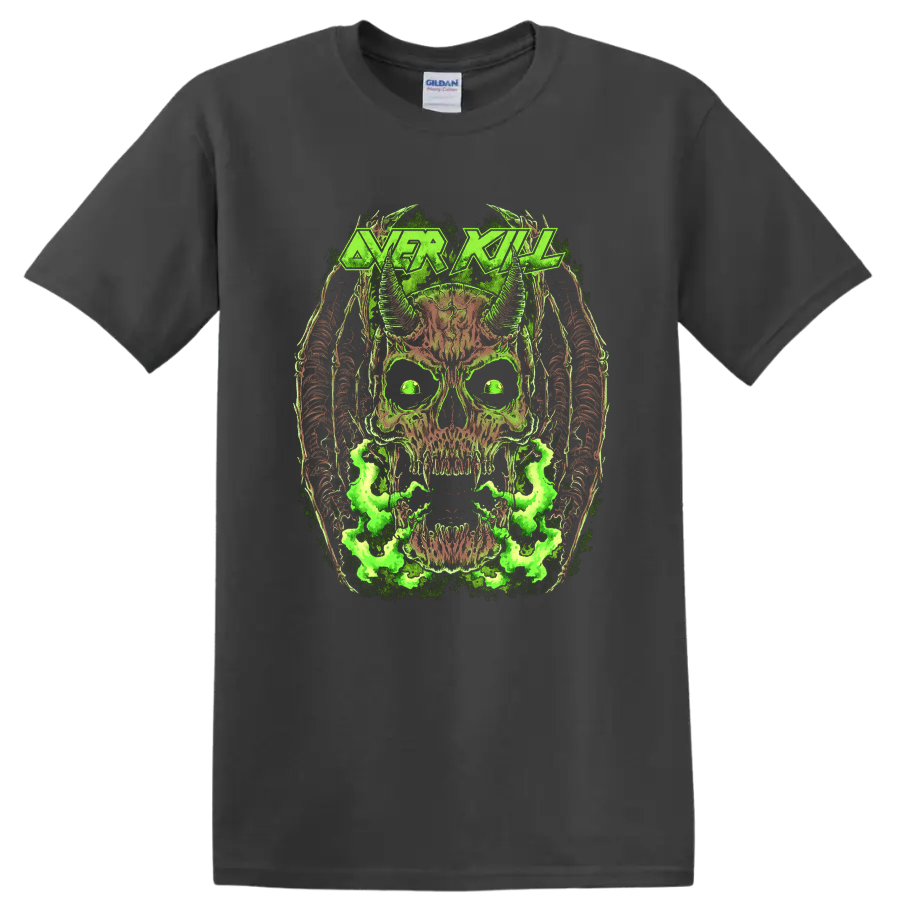 Overkill Chaly horned skull artwork with neon green smoke and distressed metal logo on a Charcoal T Shirt